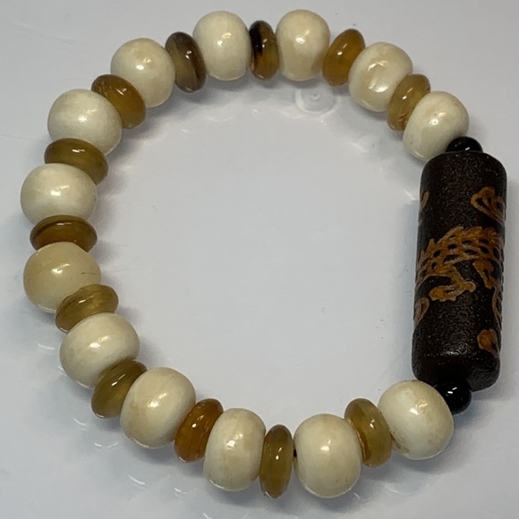 YAK HORN AND BONE + TIBETAN TUBE STONES NATURAL BRACELET size 7” - Picture 4 of 6